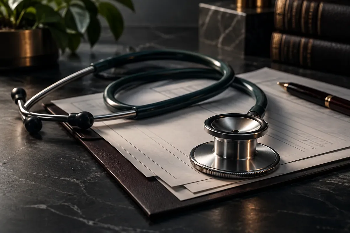 Imagem ilustrativa de um estetoscópio sobre documentos médicos sem dados identificáveis.