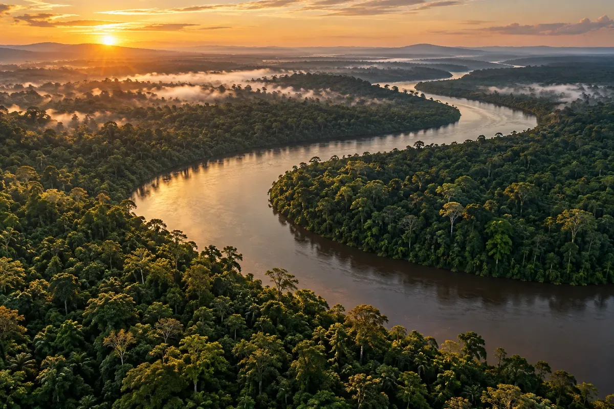 Imagem ilustrativa de um rio entre a floresta brasileira ao amanhecer.