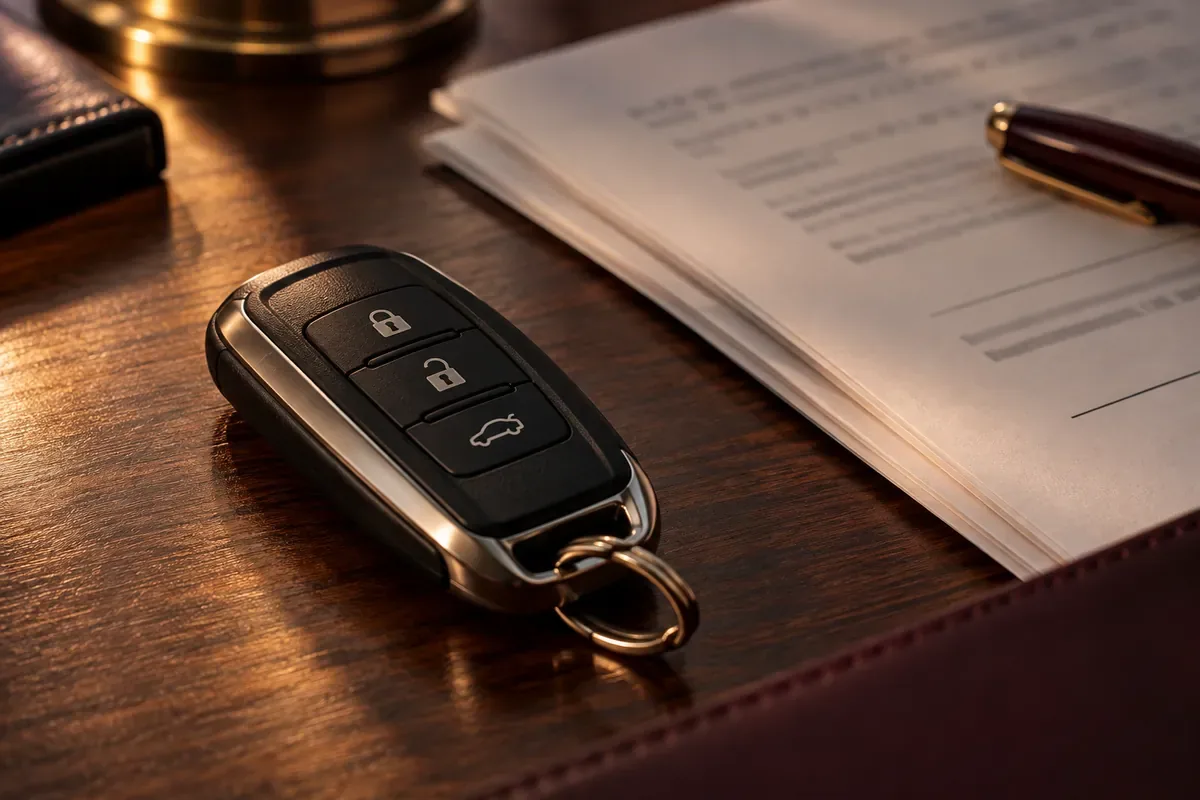 Imagem ilustrativa de uma chave de automóvel junto a documentos de financiamento.